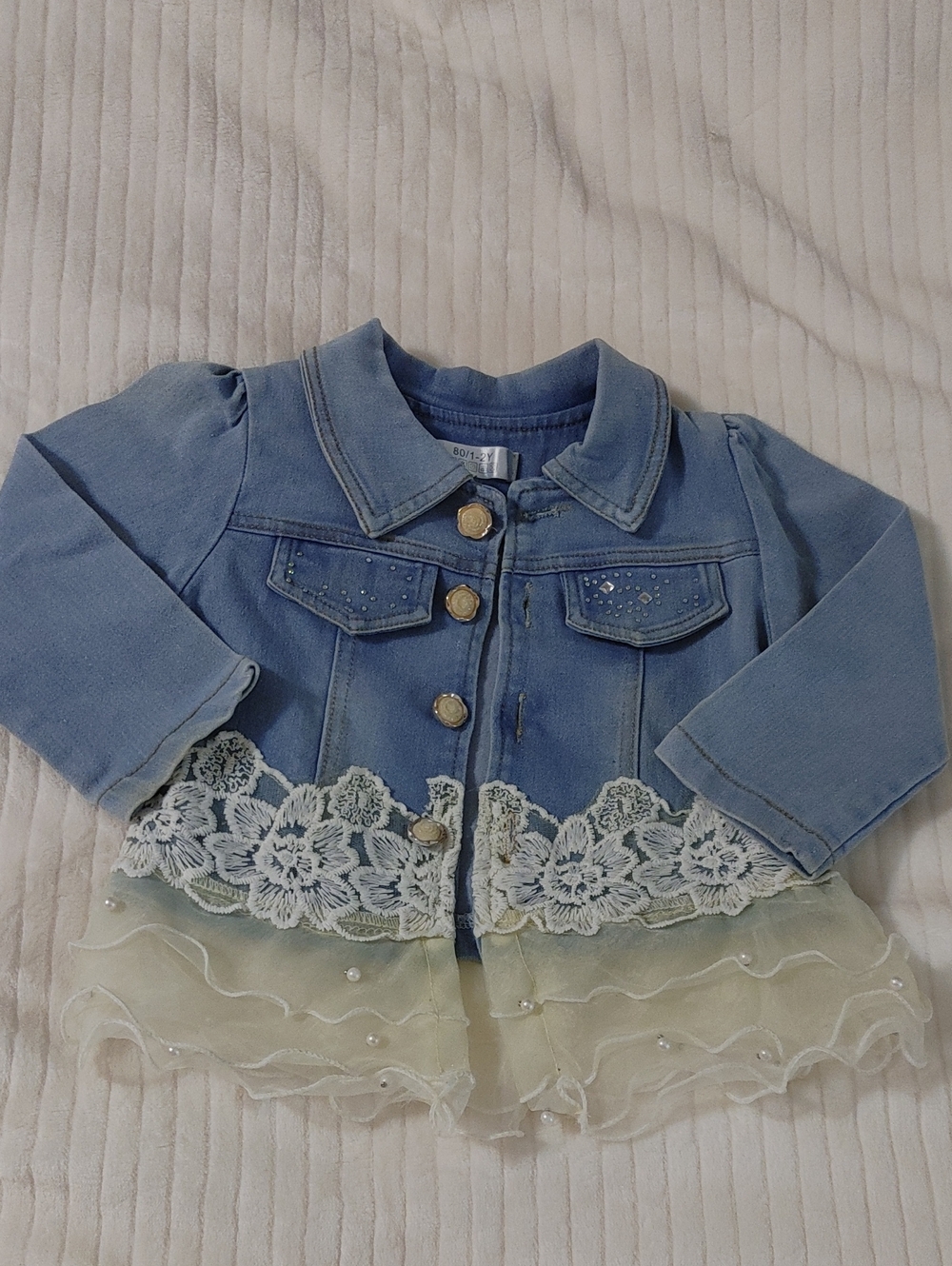Girls Light Denim Jacket with Lace & Tulle Trim
